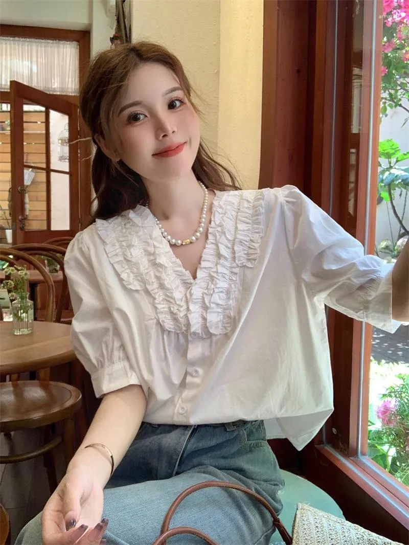 Women's Blouses UNXX White French Lace V-Neck Short Sleeve Blouse For Women Designer Unique Cute Top Summer