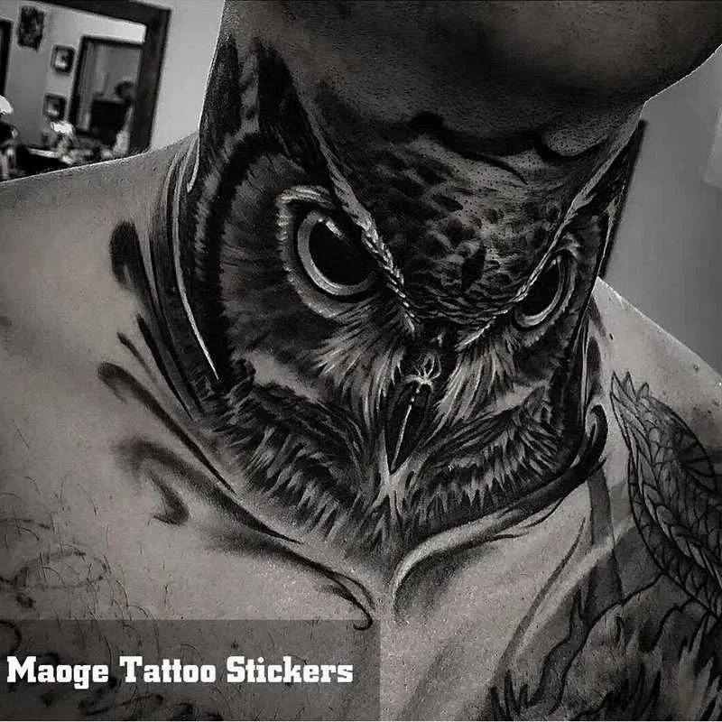 Transfert de tatouage Black Owl Tattoo Tatouer Autoripation étanche du cou à main peint à main