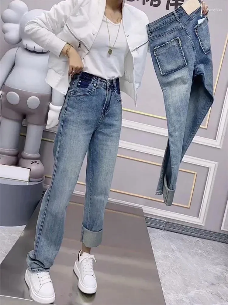 Kvinnors jeans y2k stor storlek sommar tunn modell 2024 hög midja fett mm show smal version av breda benbyxor tidvatten