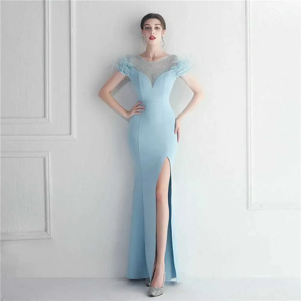 Runway Dresses YIDINGZS 2023 Elegant Feather Long Party Dress Sexy Slit Crystal Dress Floor Length Evening Party Maxi Celebrity Dress Y240426