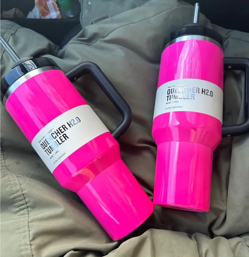 Elektrisk rosa 40oz Tumbler Yellow Orange Neon Green Quencher H2.0 Rostfritt stål Tumblers Cups med handtag lock och halm vinterrosa neonrosa bilmuggar GG0426