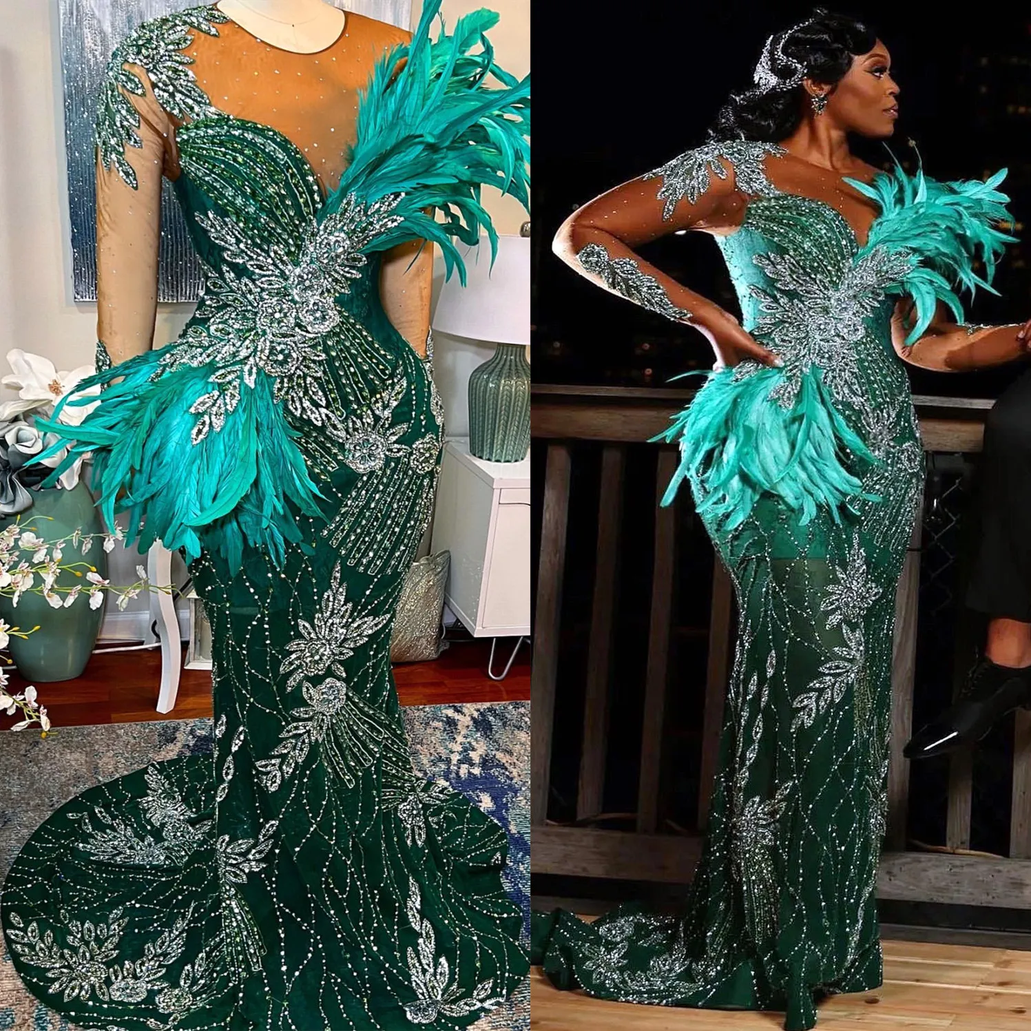 Aso Ebi 2024 Green Dark Sirène Prom Robe Crystals de plumes Crystals Lace Soirée formelle Fête Deuxième réception 50e anniversaire Robes de fiançailles