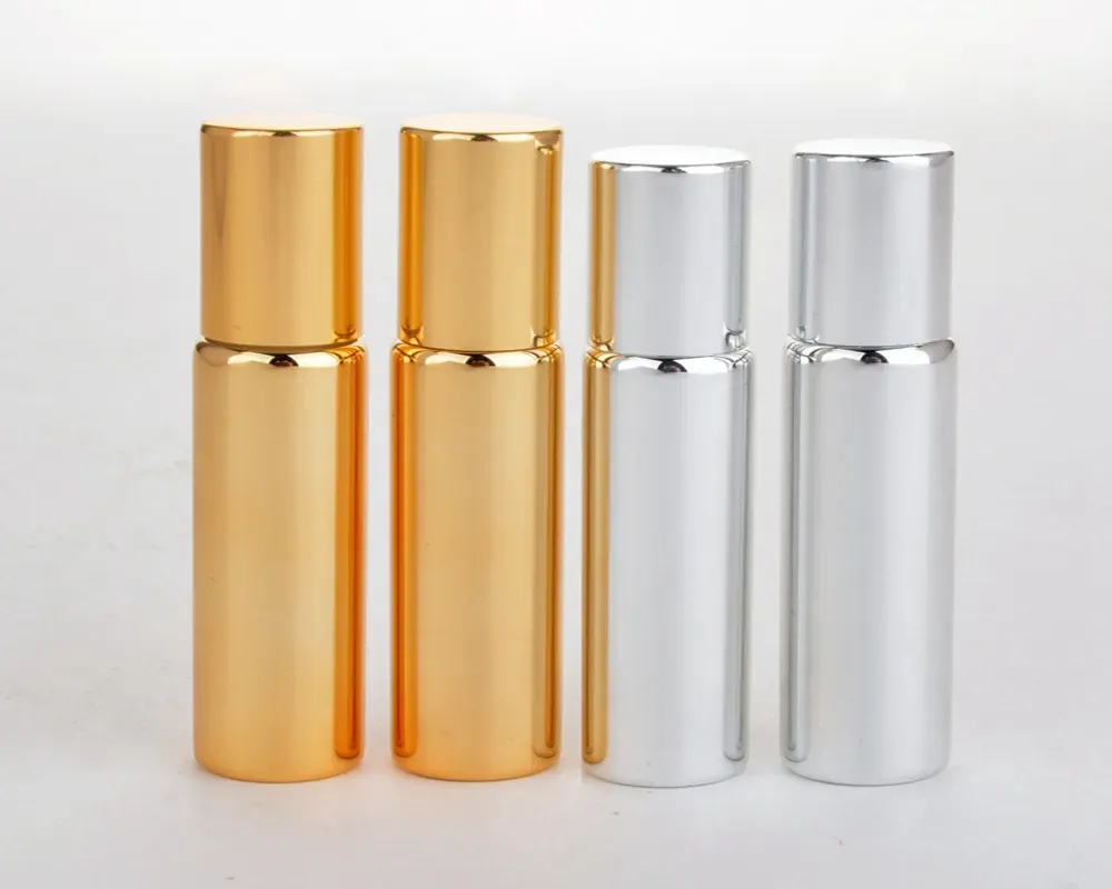 Fast Shipping 10ML Metal Roller Refillable Bottle For Essential Oils UV Roll-on Glass Bottles gold & silver colors