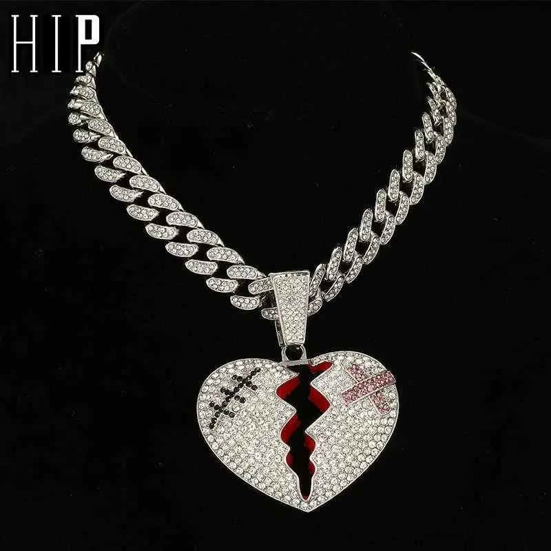 Strands HIP HOP Iced Out Broken Heart pendant with 13mm Cuban Link chain AAA+Rhinestone necklace suitable for mens rapper jewelry 240424