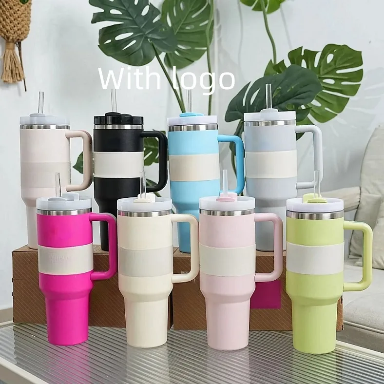 40oz com copos de caneca de caixa com alça Tumblers isolados tampas de palha de aço inoxidável Termos de café com xícara de água garrafas de água isoladas