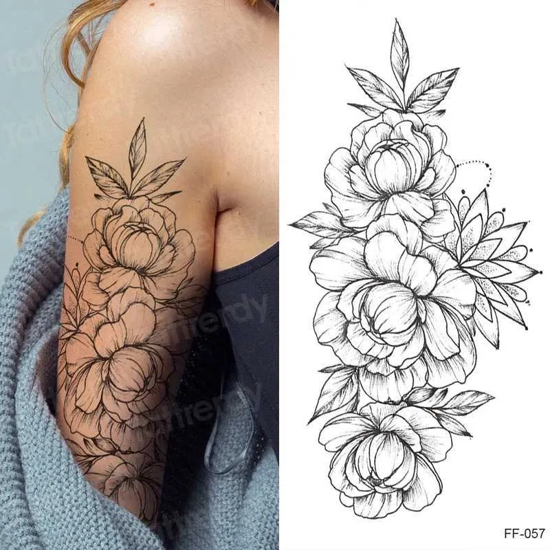 Transfert de tatouage Autocollant tatouage Fleur Fleur Rose Péonie noire Tatouage Temparire Femme Collège temporaire Tatouage étanche sexy art corporel 240427