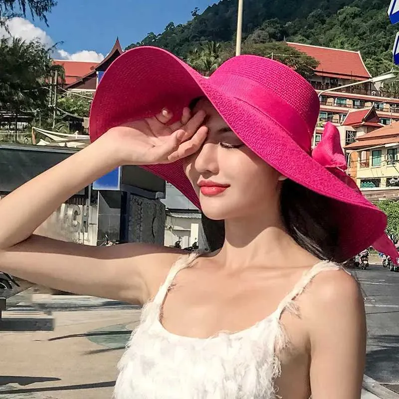 Wide Brim Hats Bucket Hats Summer str hat bow ribbon large bridmed hat womens bohemian style navy blue sun protection color tone elegant and fashionable J240425