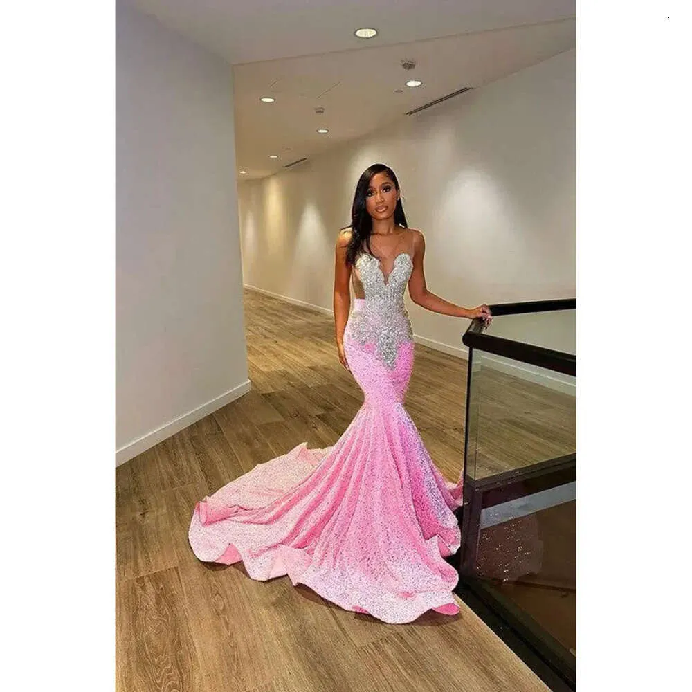 Prom Sexy Dresses Pink New Sheer Jewel Neck Mermaid Sequins Beads
