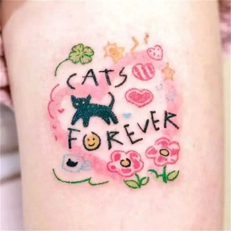 Tatuagem Transfer Black Cat Flower Tattoos temporários para mulheres desenho animado de braço gatinho de tatuagem à prova d'água Tattoo falso During During Fake 240427