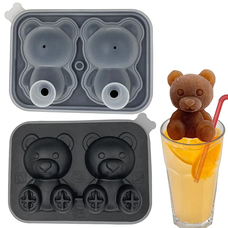 Verktyg 3D Bear Ice Mold 4 rutnät Stora isbitbricka chokladkaka mögel godis deg mögel kaffemjölk te whisky hem kök is mögel