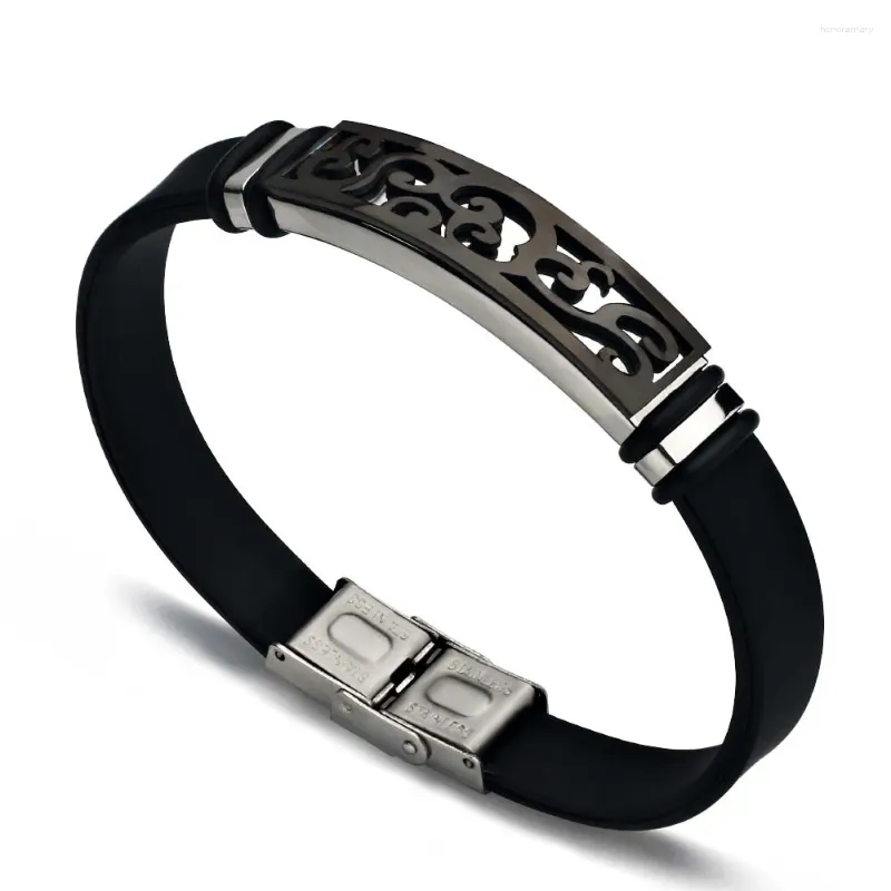 Bracelets de charme 2024 Bijoux de mode Bracelet en silicone noir vintage Modèle de fleurs en acier inoxydable simple pour hommes Pulsera Hombre