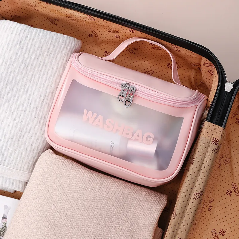 PVC半透明の化粧品バッグPU防水霜のトイレタリーバッグフリップトップポータブルシャワーバッグ旅行ポータブル収納バッグ