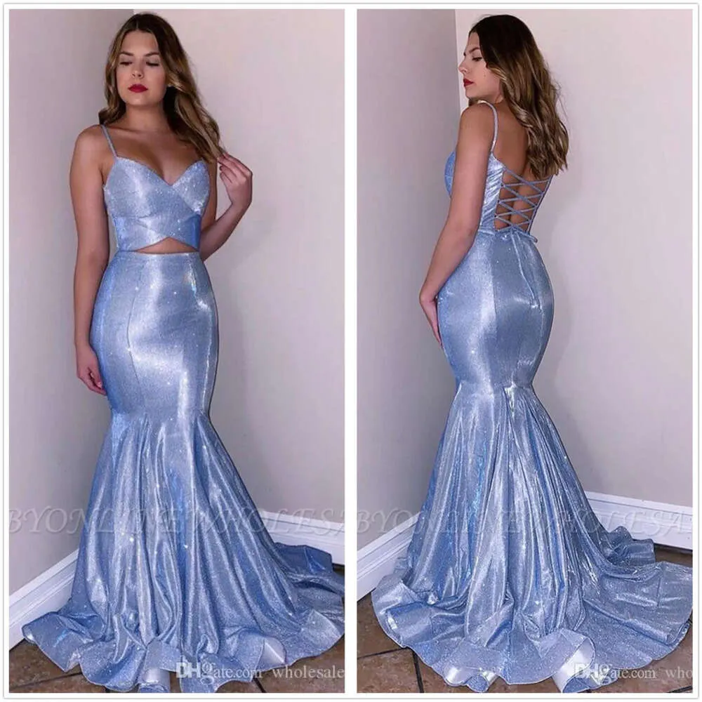 Jurken Mermaid Twee nepstukken 2020 Spaghetti -banden Ruches Backless Long Formal Party Prom Evening Celebrity Jurths BC3302