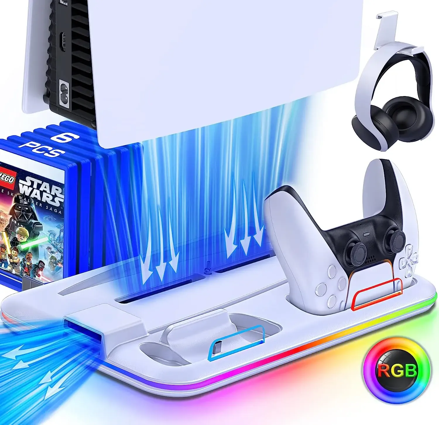 Stand RGB Cooling Stand con ventola di raffreddamento e stazione di caricatore di raffreddamento a doppio controller per PlayStation 5 Console Discidital Edition