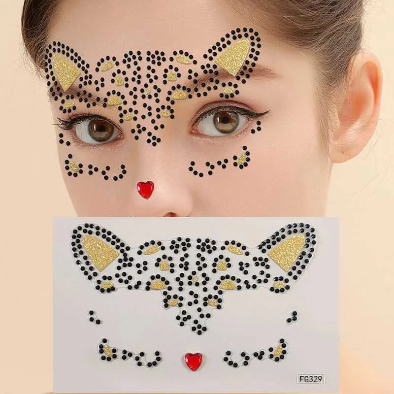 Transfert de tatouage 1PCS 3D Autocollant de forage acrylique Autocollants pour visage de chat mignon décoration du visage de la fête de la fête diamant