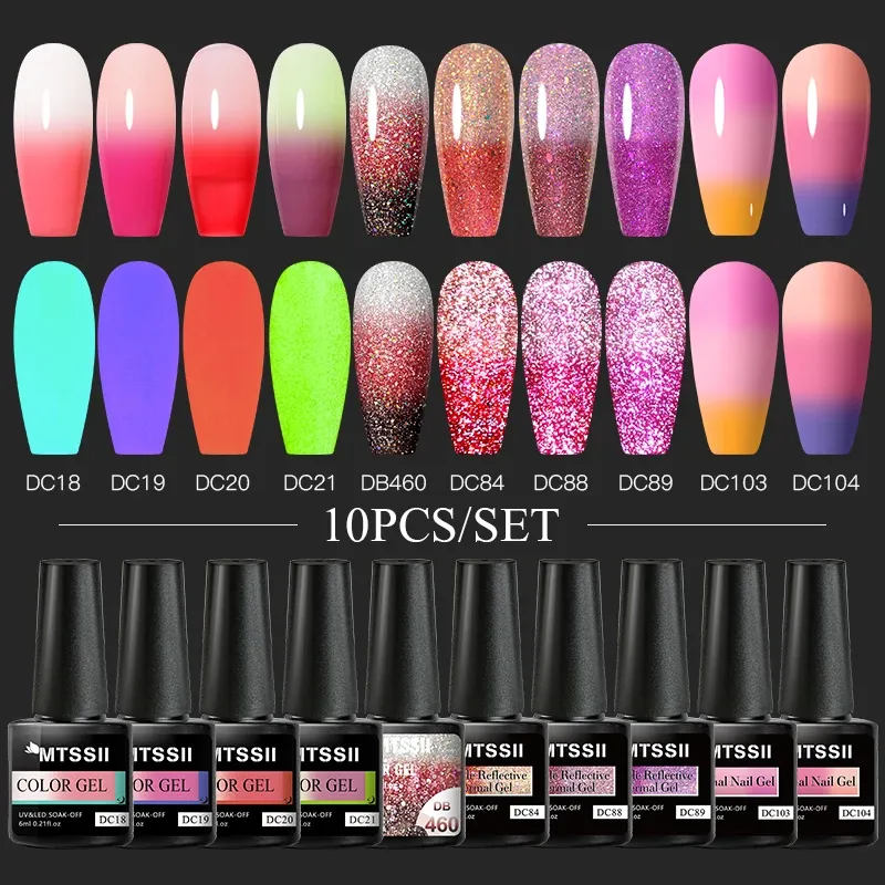 Kits MTSSII 10pcs/12pcs/Set Wärmeleitnagellack Set Semi Permanent Soak Off Luminous Glitter Reflective Color Wechseln