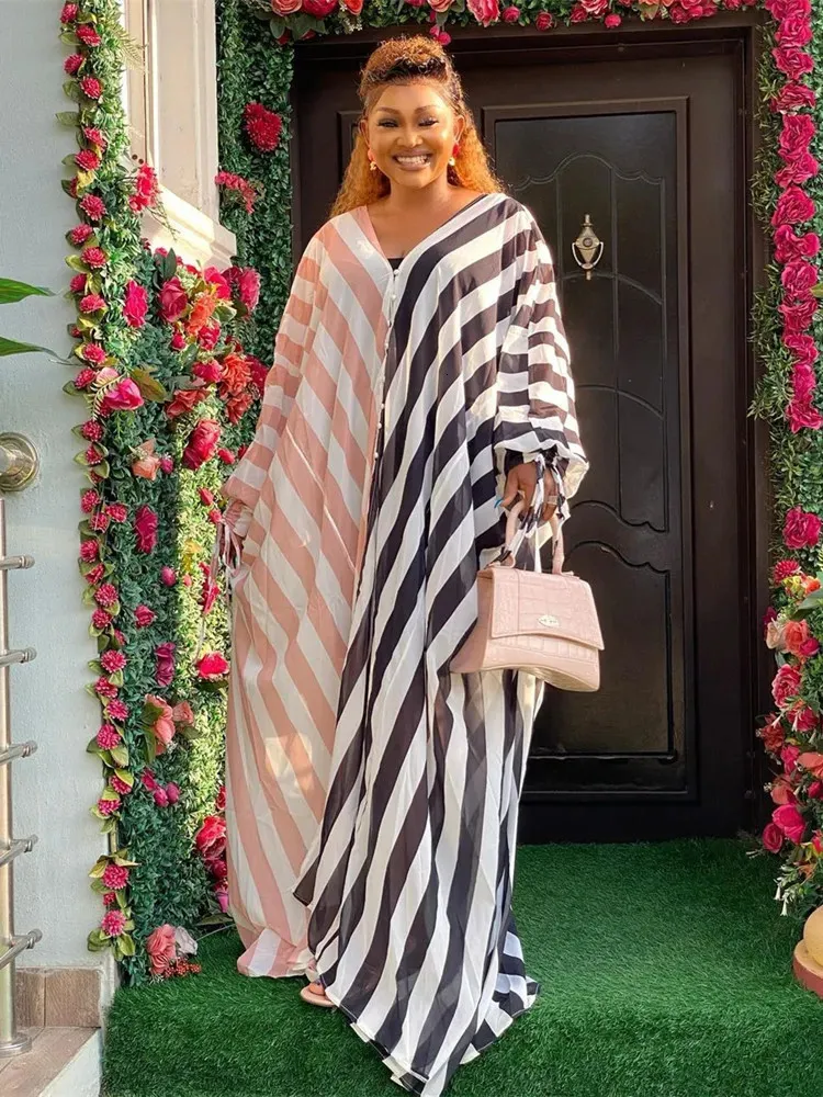 Striped Chiffon Maxi Dress for Women - Loose Fit, Perfect for Summer Fashion and Abaya Occasions - Nigerian Kaftan Robe (240415) Striped Chiffon Maxi Dress for Women - Loose Fit, Perfect for Summer Fashion and Abaya Occasions - Nigerian Kaftan Robe (240415)