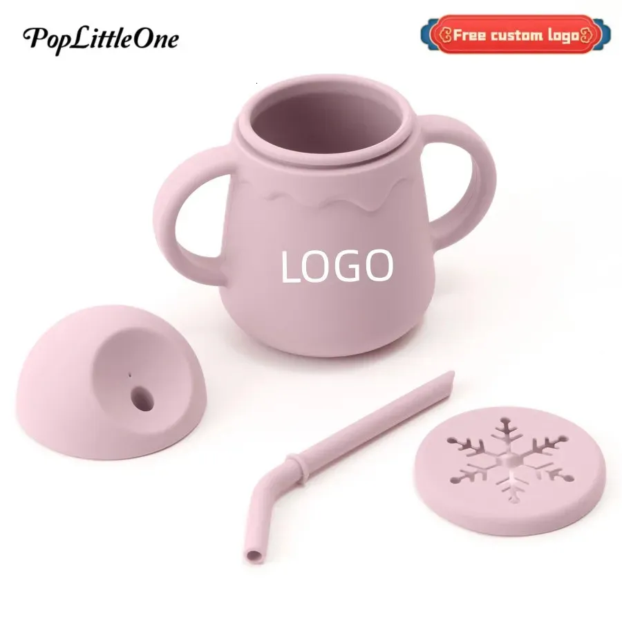 Nom personnalisé Baby Silicone Double Lides d'alimentation tasse avec manche pour les tout-petits apprenant la boisson à collation douce et la vaisselle 240412