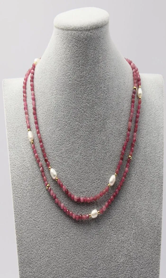 Bijoux guaiguai à facette naturelle Rouge Tourmaline Collier de perle de riz blanc cultivé 175quot Fabriqué pour les femmes4543087