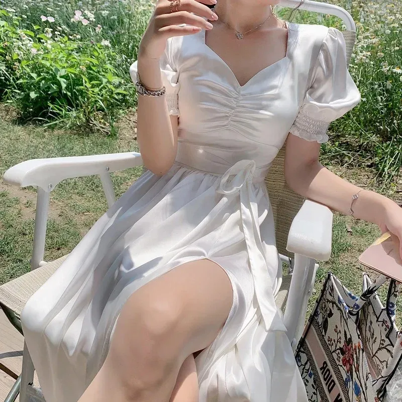 Women White Summer Puff Sleeve Chiffon Dress Mid-Calf V-Neck Zipper Closure  from Dhgate Basic & Casual Dresses - price 46.94