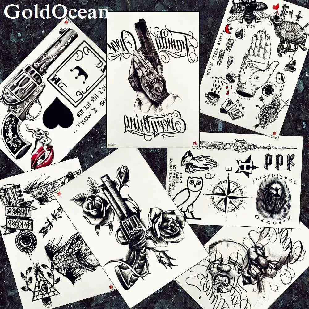 Tattoo Transfer Waterproof Black Fake Tattoos Stickers Women Arm Gun Flower Tattoos Temporary Compass Men Neck Chest Tatoos Frearms Supplies 240426