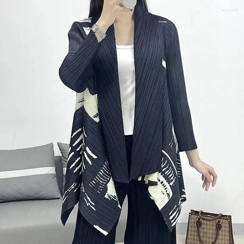 Women's Trench Coats Miyake Pleated Casual Printed Windbreaker Thin Top Fashion Versatile Cardigan 2024 Spring Style