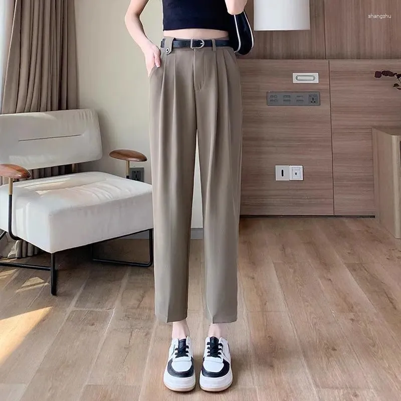 Women's Pants Summer Ice Silk Harem High Waist Casual Straight-Leg Cigarette Small Narrow Slimming Cropped Suit