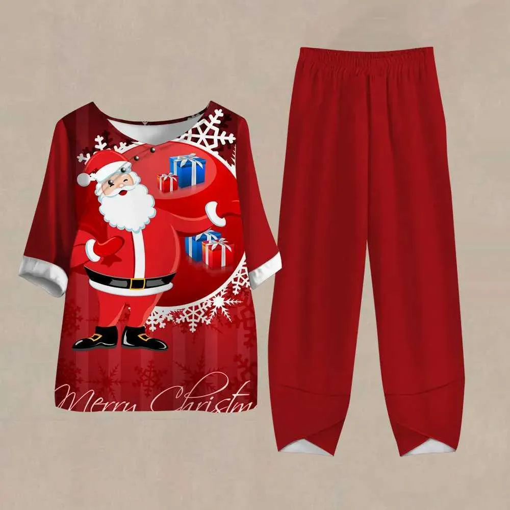 Tweedelige broek voor dames hete verkoop vrouwen herfstkleding set Kerstman 3D gedrukt tweedelig set elegante broek rond nek t-shirt pakken vrouwelijke outfit Y240426