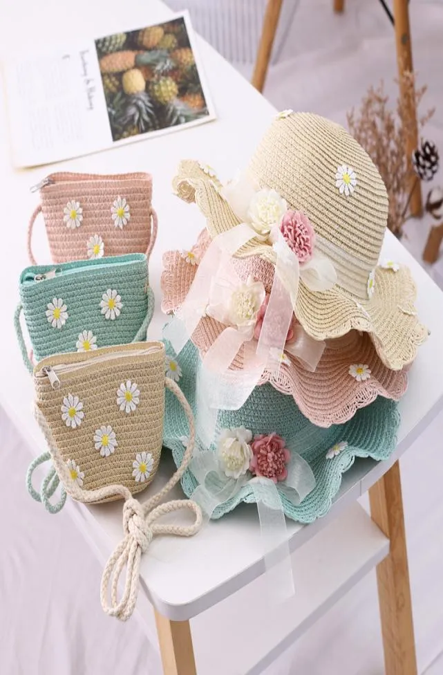 Girls Straw Hats Bags Set Summer Ribbon Flower Beach Messenger Caps Mini Handtassen Sunshade Visser Hoed Zonnebrandcrème Daisy Chrysanth4673466