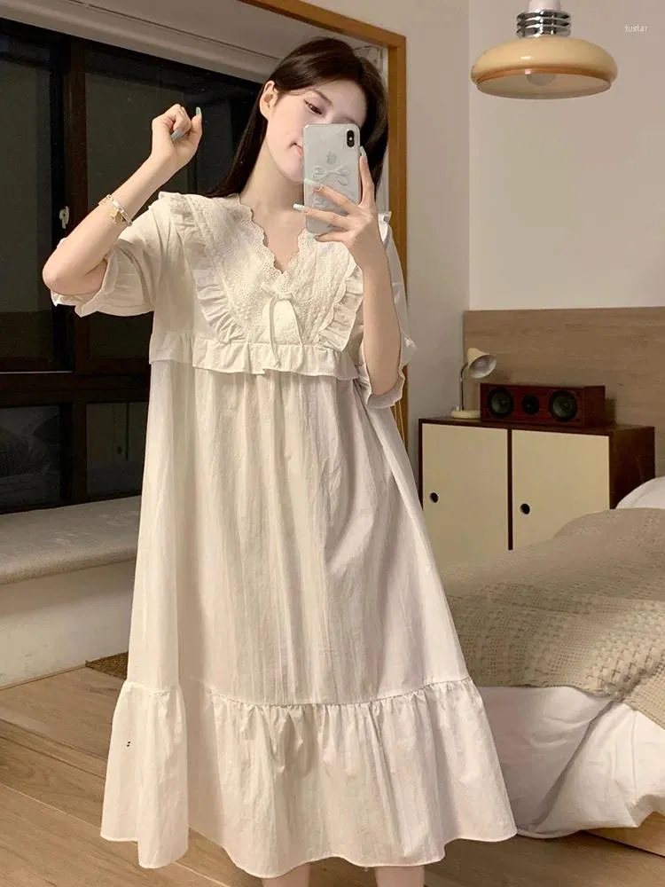 Women's Sleepwear Sweet Princess Simple Solid Lace V-Neck Short Sleeve Summer NightDress Women Cute Loose Cotton Coolness Pajama Set Korean