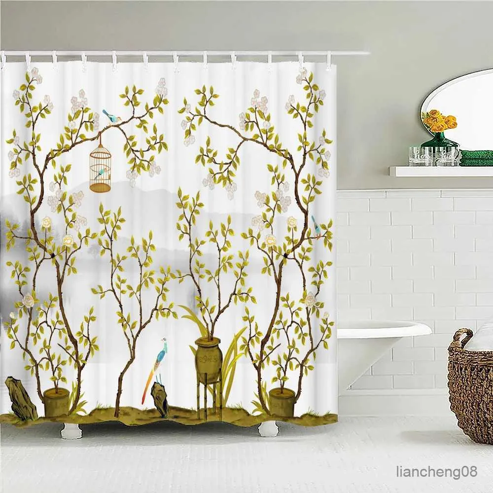 Shower Curtains Chinese style Flowers Birds Shower Curtains Printed Bath Curtains Bathroom Waterproof Fabric With 12 Hooks Home Decor Screen