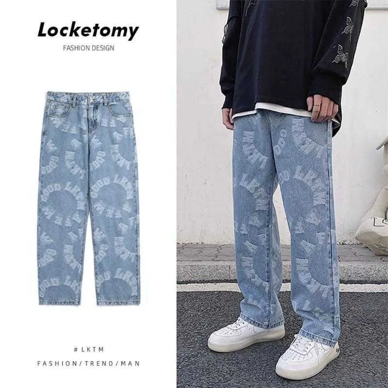 Neue Designer -Herren Jacquard Weitbein Denim Pant charakteristische Buchstaben Muster Jeans Gerade Design Männlich übergroße Hip -Hop -neutrale Hose