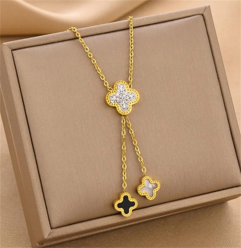 2022 FASIONE Europea e americana Fourleaf Clover Necklace Women039S Gold Titanium Steel Multizircon Shell Piece Tasel Pend4569554