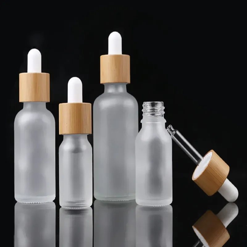 10ml 15ml 20ml 30ml Frosted Clear Glass Dropper Bottle with Bamboo Lid Cap Essential Oil Glass Bottle Frosted Green F302