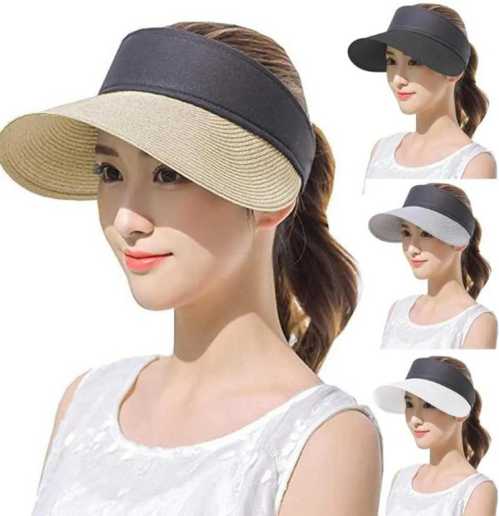 SAGACE Fashion Hat Womens Straw Sun Visor Hat Roll Up Wide Brim UV Protective Sun With Empty Top Straw Summer For Women8017206