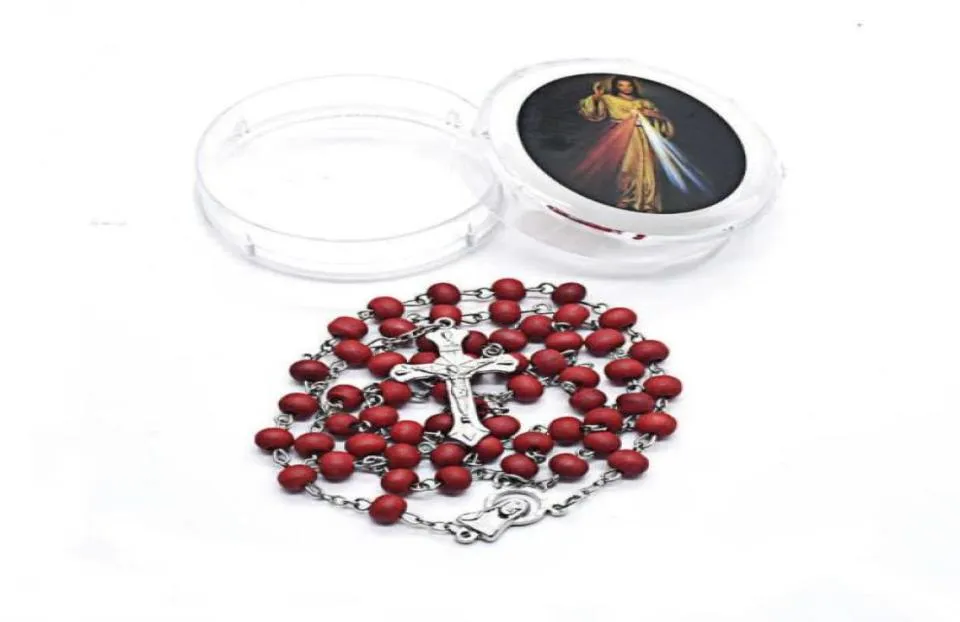 12st Random Color Rose Scented Parfym Wood Rosary Beads Inri Jesus Pendant Halsband Katolska religiösa Jewelry Christmas Gift3017403