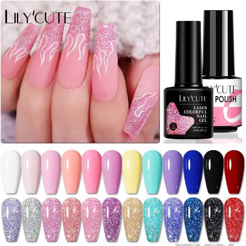 Poliska do paznokci LilyCute 7ml różowy błyszczący żel brokatowy żel Lakier do paznokci Vernis Półpółkawo -cekiny Nagellak UV Gel Gel Gellac Enamel Y240425