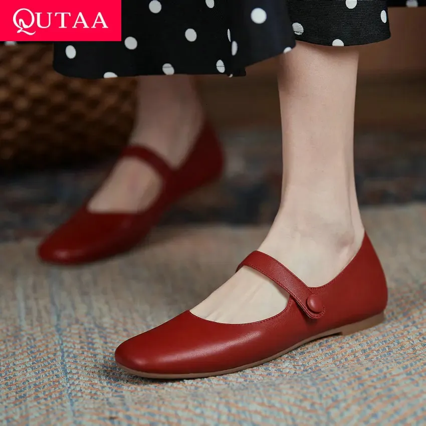 Flat Square QUTAA Heels Retro Toe Genuine Leather Women Spring Autumn Hook Loop Casual Female Flats Shoes Size ed s