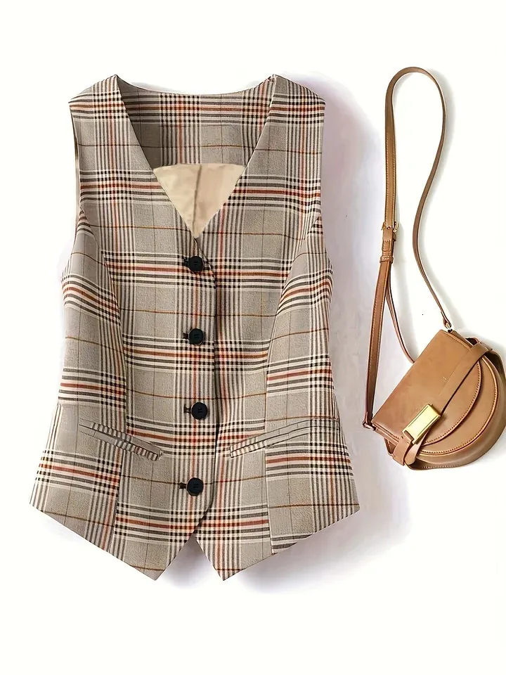 Ladies Tweed Waistcoat Elegant Plaid Suit Vest: Womens Plaid