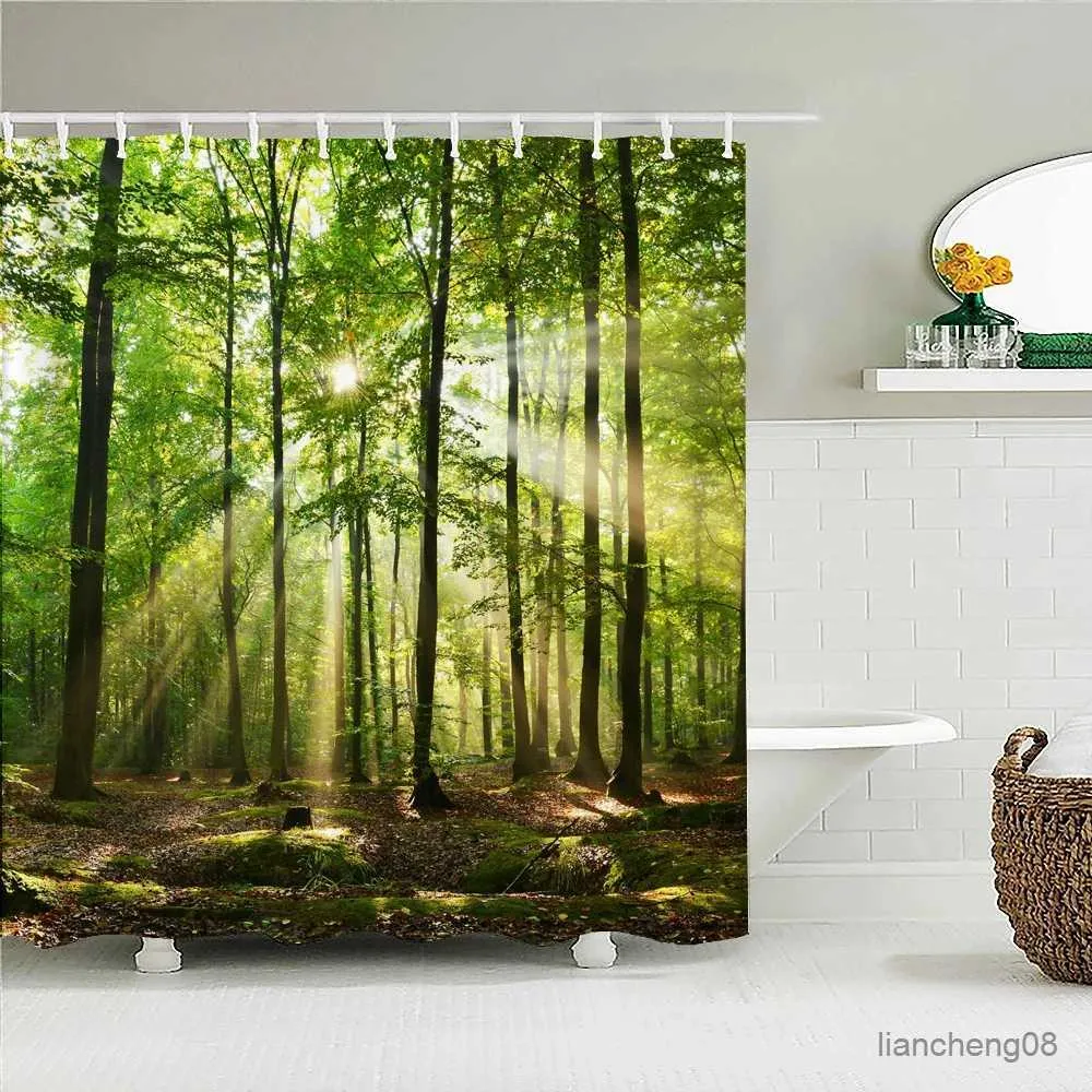 シャワーカーテン高品質の森林布シャワーカーテン防水美しい自然の風景浴室の装飾用のカーテン