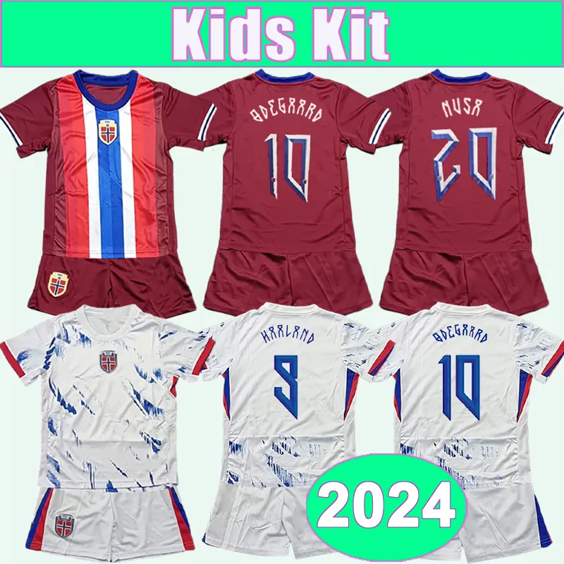 2024 Norveç Kids Kit Futbol Formaları Milli Takım Odegaard Haaland Nusa Sorloth Evde Beyaz Futbol Gömlekleri Yetişkin Kısa Kollu