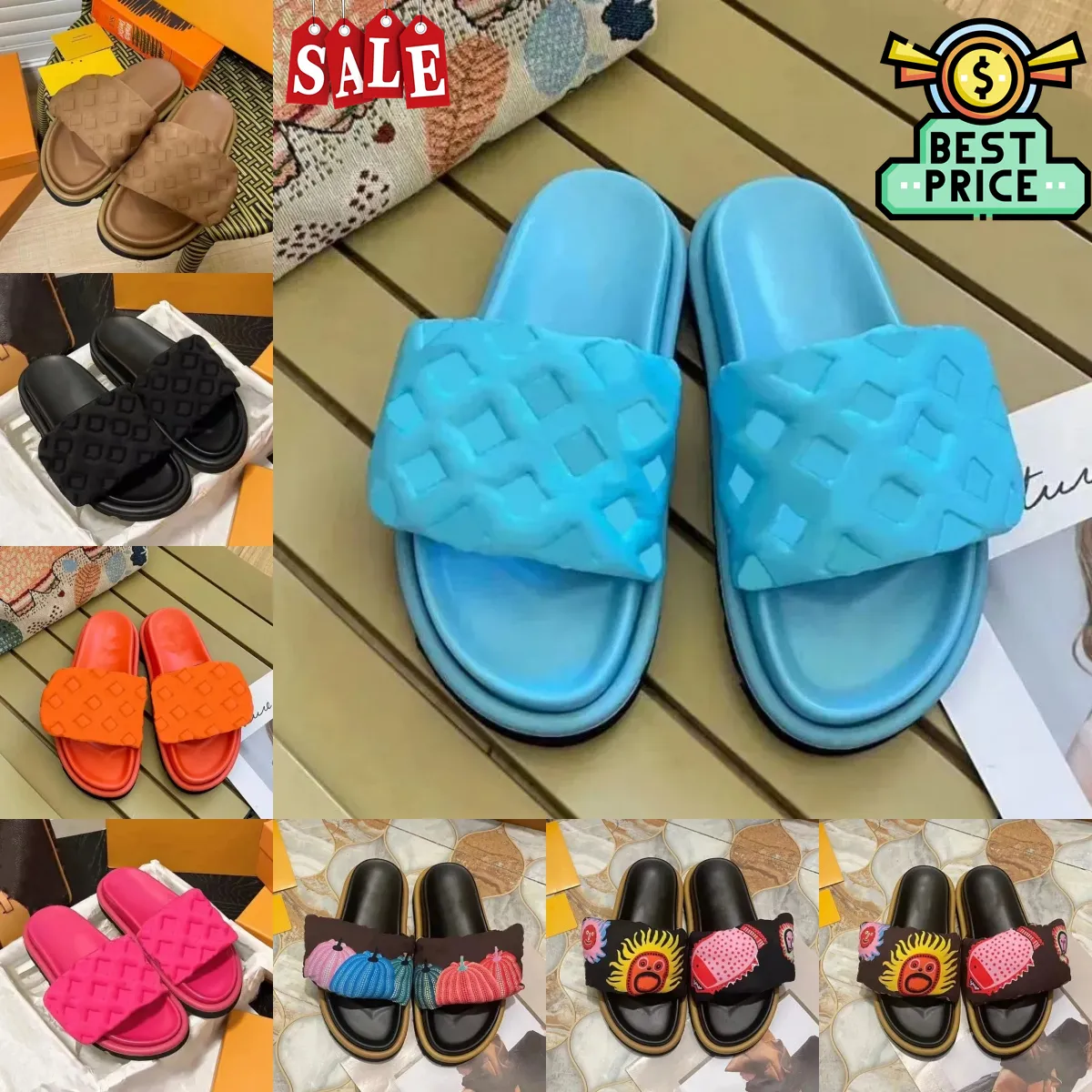 Designer Sliders Slippers Femmes Hommes Pool Pool Wrow Slides Fashion Classic Imprimés Flat Comfort Mules Sandales d'été Sandales marron plage noire avec boîte