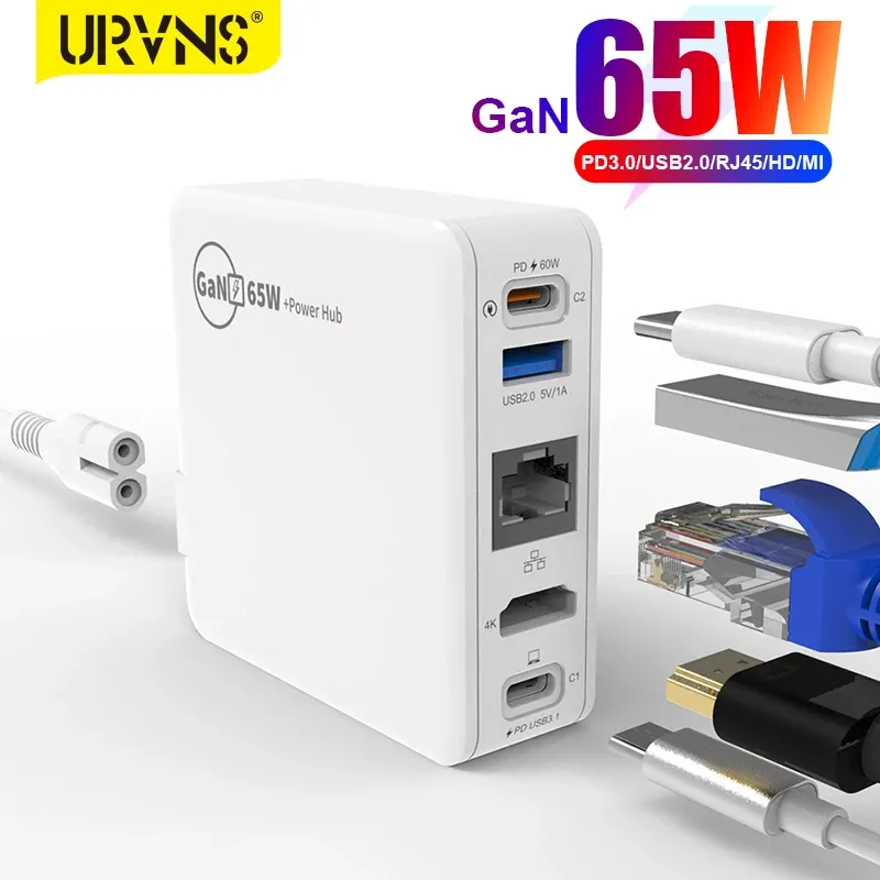 Chargers Urvns Gan 65W Charger rapide portable 5 en 1 Station d'accueil avec Ethernet / PD3.0 / USB2.0 / HDMICOMPATIBLE 4K pour les ordinateurs portables TV Switch