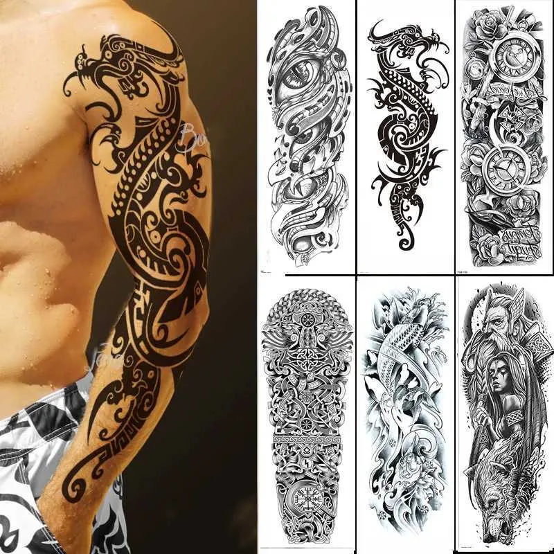 Tatuaż Treatoo Tattoo Naklejka dla mężczyzn Kobiety Totem Tribal Totem Full Arm Tattoo Fałszne Tattoos Tatuaże Wolf Skull Tatoo Temporari Waterproof 240426