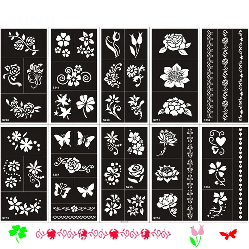 Tattoos 11 Styles Indian Henna Tattoo Templates for Hand Body Paint Temporary Glitter Airbrush TemporaryTattoo for Wedding Makeup