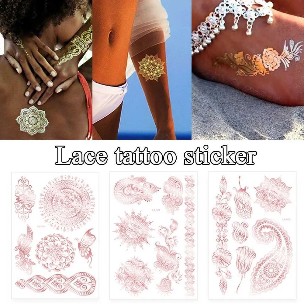 Tattoo Transfer Tattoo Sticker Waterproof Temporary Tattoo Sticker Flowers Mandala Henna Rose Gold Metallic Flash Jewelry Glitter Body Art Tags 240427