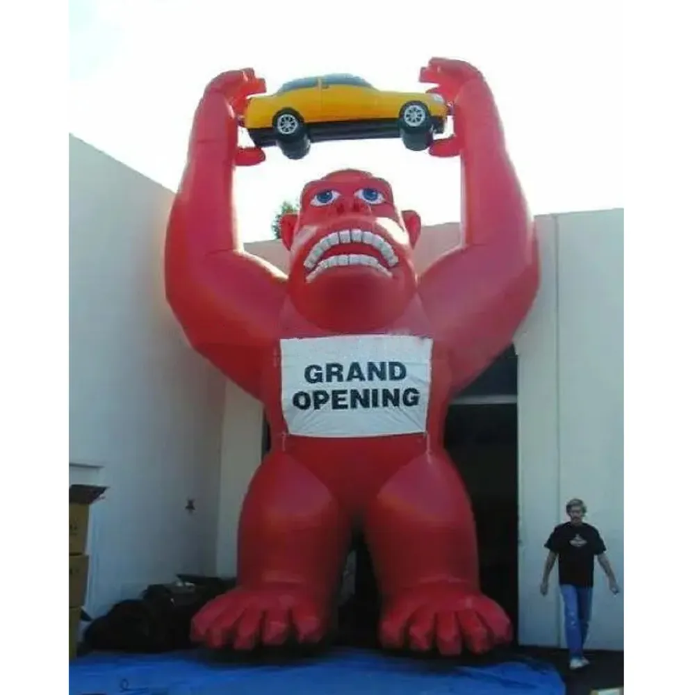 Advertising cartoon 10mH (33ft) with blower red green purple inflatable gorilla chimpanzee with car custom logo printed for promotion