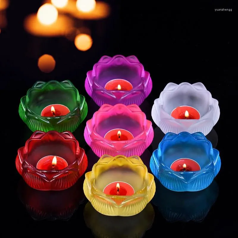 Kerzenhalter Multikolorglas Lampenhalter Buddhist Cup Mini Romantic Lotus Blume Candlestick tibetanische Versorgung Buddha Tischdekoration