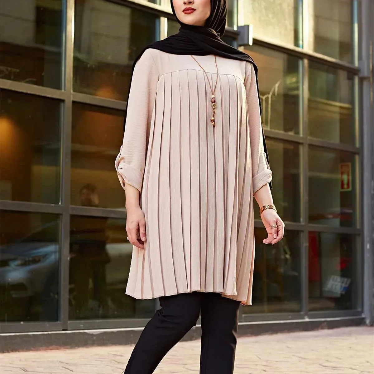 Moslim geplooide blouse voor meisjes vrouwen tops verstelbare mouw blauw groen zwart shirt islamitische slijtage zomer o-neck streetwear 240415