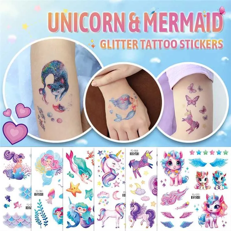 Tattoo Transfer Meerjungfrau Einhorn Glitter Tattoo Aufkleber Kinder Kinder Temporäres wasserdichte Gesichtsarmkunst Kunst gefälschter Tattoos Mädchen Festival Make -up 240426